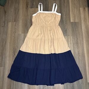 Lane‎ Bryant Maxi Dress Size 16 Tan Navy Tiered Colorblock Lined Resort Vacation